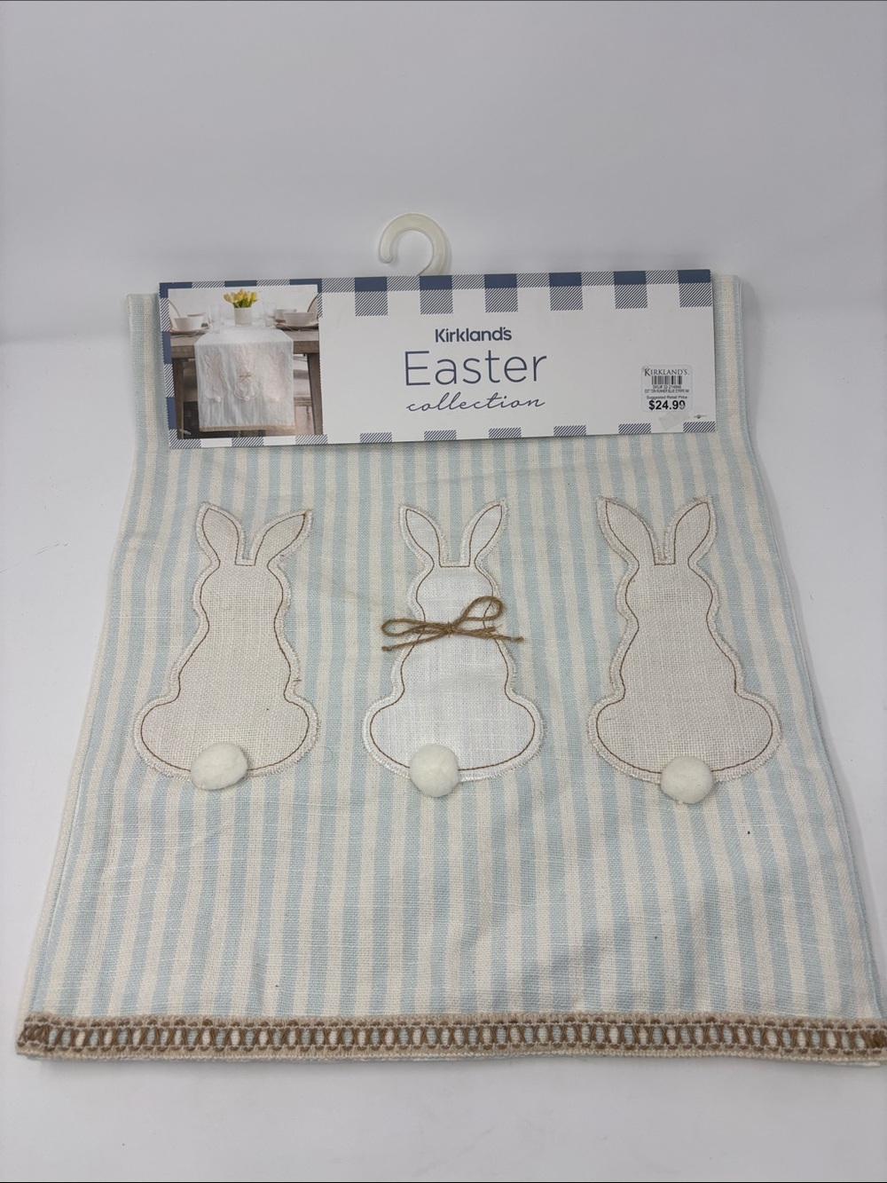 New Kirkland's | Cream & Light Blue Striped Bunny Table Runner 16x80